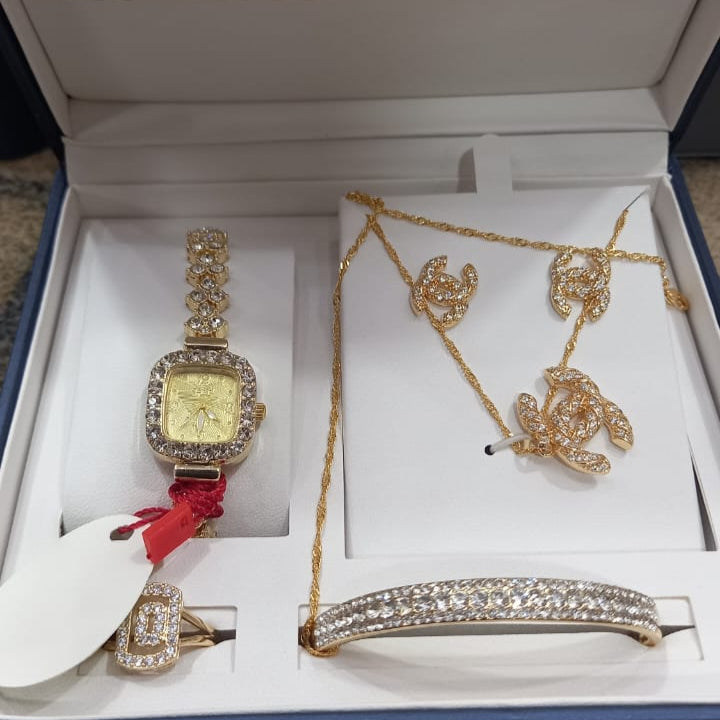 Elegant Interlocking CC Rhinestone Watch & Jewelry Set for Women