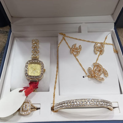 Elegant Interlocking CC Rhinestone Watch & Jewelry Set for Women