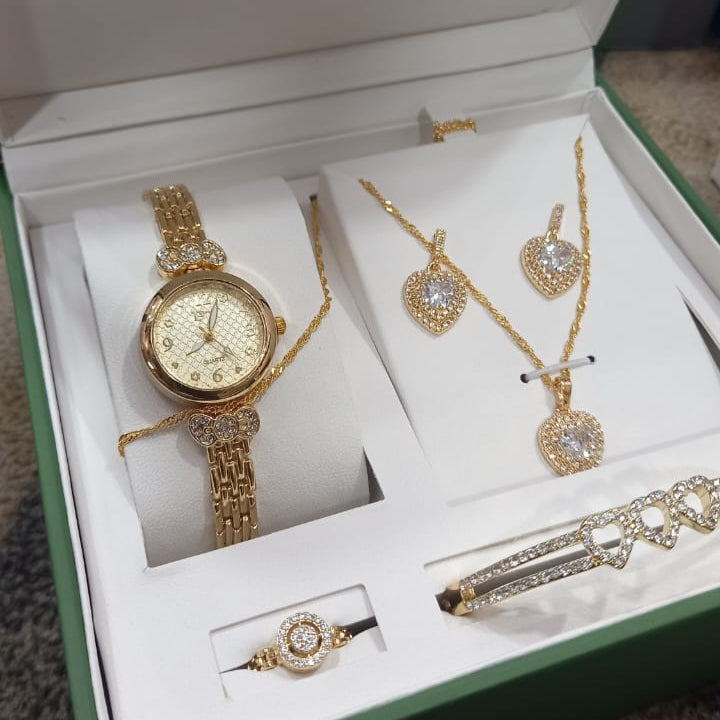 Golden Elegant Heart-Shaped Women’s Watch & Jewelry Set